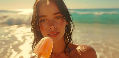 ai generiert ein Frau ist halten ein Eis Sahne Pop auf das Strand foto