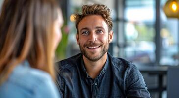 ai generiert ein Mann Gespräche Über seine besitzen Erfahrung auf ein Interview mit ein Frau foto