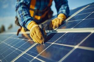 ai generiert ein Arbeiter ist halten ein Elektriker Solar- Panel foto