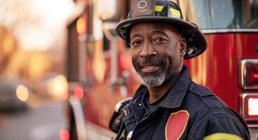 ai generiert ein Afroamerikaner Mann im ein Feuerwehrmann Uniform Stehen in der Nähe von ein Feuer LKW foto