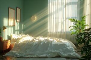 ai generiert ein Bett hat Weiß Blätter und ein Fenster im das Schlafzimmer foto