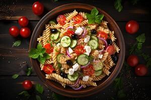 ai generiert Pasta Salat mit Feta Käse, Tomaten und Gurken foto