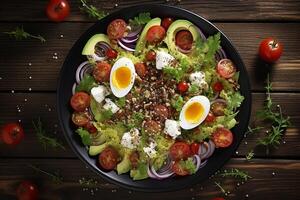 ai generiert ein Teller mit ein Salat mit Eier, Tomaten, Avocado und andere Gemüse foto