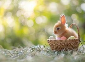 ai generiert Baby Hase im Korb mit Eier im Frühling Landschaft foto