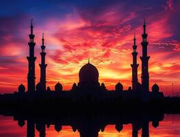 ai generiert Moschee Kuppeln und Türme gegen Sonnenuntergang Himmel foto