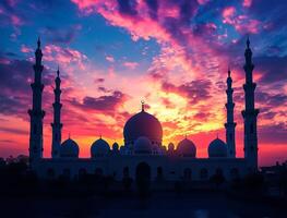 ai generiert Moschee Kuppeln und Türme gegen Sonnenuntergang Himmel foto