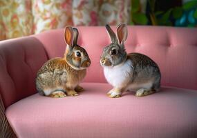 ai generiert Ostern Hasen entspannend auf ein Rosa Sofa foto