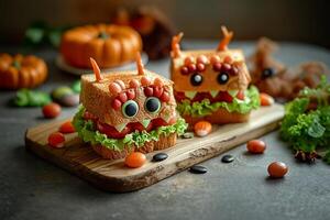 ai generiert süß Monster- Sandwiches zum Halloween Party foto