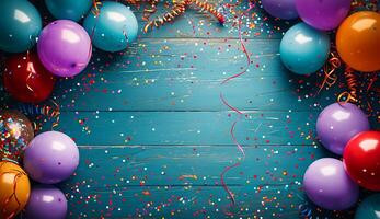 ai generiert festlich Karneval Rahmen mit Luftballons und Luftschlangen auf hölzern Tafel foto