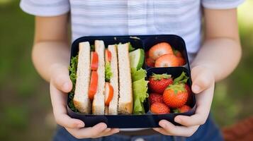ai generiert Nahansicht von Kind Hände halten ein Sandwich mit frisch Gemüse und Früchte. foto