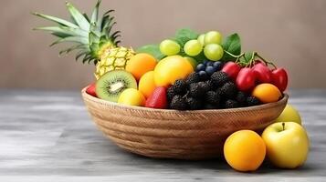 ai generiert mischen von Früchte im ein Schüssel auf ein grau Hintergrund. gesund Essen Konzept. foto
