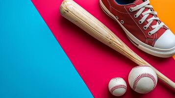 ai generiert Baseball Schläger, Baseball Ball und Turnschuhe auf minimalistisch lebendig Hintergrund mit Kopieren Raum foto