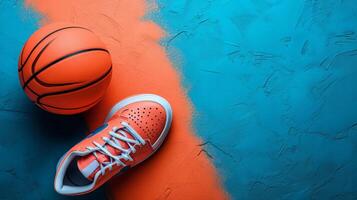 ai generiert Basketball Ball und Turnschuhe auf minimalistisch lebendig Hintergrund mit Kopieren Raum foto