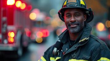 ai generiert Afroamerikaner Mann im ein Feuerwehrmann Uniform Stehen in der Nähe von ein verschwommen Feuer LKW mit Kopieren Raum foto