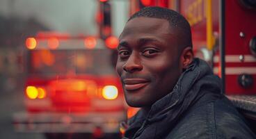 ai generiert ein Afroamerikaner Mann im ein Feuerwehrmann Uniform Stehen in der Nähe von ein Feuer LKW foto