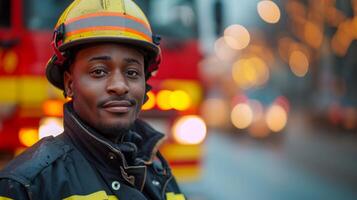 ai generiert Afroamerikaner Mann im ein Feuerwehrmann Uniform Stehen in der Nähe von ein verschwommen Feuer LKW mit Kopieren Raum foto