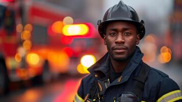 ai generiert Afroamerikaner Mann im ein Feuerwehrmann Uniform Stehen in der Nähe von ein verschwommen Feuer LKW mit Kopieren Raum foto