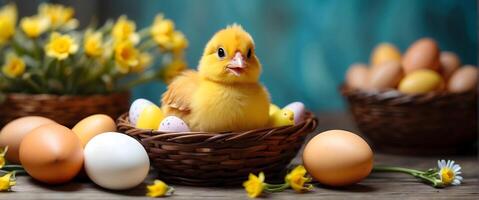 ai generiert glücklich Ostern Hintergrund mit Ostern Eier und süß wenig Gelb Huhn, festlich saisonal Vorlage, Banner, Kopieren Raum Text foto