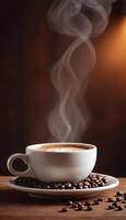 ai generiert Tasse von Kaffee mit Dampf auf ein hölzern Tabelle foto