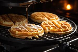 ai generiert schließen oben von Waffeln gebacken auf Waffel Hersteller Eisen Maschine. foto