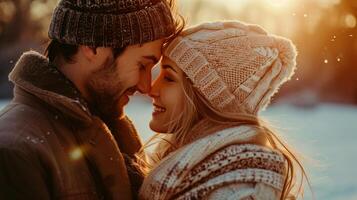 ai generiert glücklich Paar berühren Stirn Sein romantisch und küssen während posieren unter Sonnenlicht foto