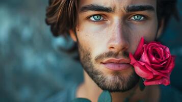 ai generiert gutaussehend Mann mit Rose Blume foto
