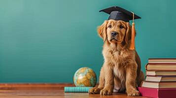 ai generiert Globus, Bücher und süß Hund im Abschluss Deckel auf minimalistisch lebendig Hintergrund mit Kopieren Raum foto