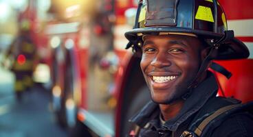 ai generiert Feuerwehrmann tragen ein Helm und lächelnd im Vorderseite von Feuer LKW foto