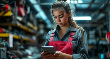 ai generiert weiblich Mechaniker mit Tablette oder Zelle Telefon im Garage foto