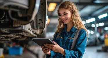 ai generiert Techniker halten ein Tablette und ein Auto unter ein Garage Stand foto