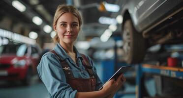 ai generiert Techniker halten ein Tablette und ein Auto unter ein Garage Stand foto