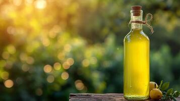 ai generiert Limoncello Flasche auf Sommer- verschwommen Bokeh Hintergrund foto