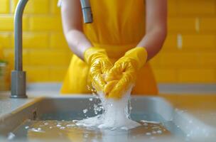 ai generiert Frau Waschen oben mit Gummi Handschuhe im Küche sinken Flüssigkeiten foto