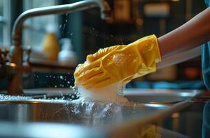 ai generiert Frau Waschen Hand im Gelb Handschuhe im Küche sinken foto