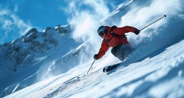 ai generiert ein Mann Skifahren Nieder das Schnee bedeckt Steigung foto