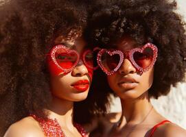 ai generiert schwarz Frauen mit lange Afros tragen rot Herz geformt Sonnenbrille foto