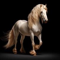 ai generiert ein Weiß Pferd mit lange Haar Stehen im Vorderseite von ein schwarz Hintergrund foto