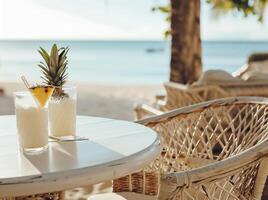 ai generiert ein Weiß trinken mit Ananas im es auf ein Tabelle in der Nähe von das Strand foto