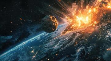 ai generiert ein Asteroid ist in der Nähe von das Erde im ein des Künstlers Interpretation foto