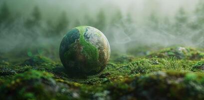 ai generiert Erde zu speichern Grün Welt, ein Planet im das Nebel foto