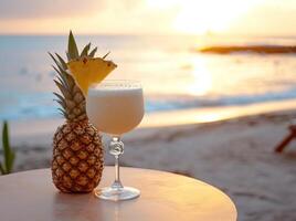 ai generiert ein Ananas Cocktail auf ein Tabelle auf ein Strand foto