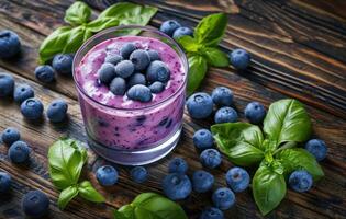 ai generiert Blaubeere Smoothie mit Blaubeeren und Basilikum Blätter auf hölzern Tabelle foto