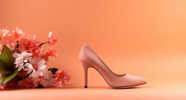 ai generiert hoch Hacke Rosa hoch hochhackig Schuhe auf Beige mit Rosa Blumen auf ein Orange Hintergrund foto