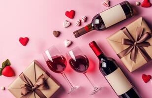 ai generiert vier Valentinsgrüße Geschenke mit Geschenke, Wein und Süßigkeiten auf Rosa Hintergrund foto