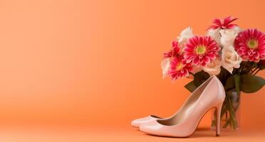 ai generiert hoch Hacke Rosa hoch hochhackig Schuhe auf Beige mit Rosa Blumen auf ein Orange Hintergrund foto