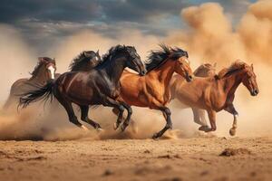 ai generiert Gruppe von Pferde Laufen Galopp im das Wüste. foto