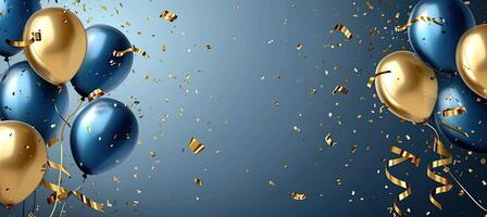 ai generiert golden und Blau metallisch Luftballons, Konfetti und Bänder. festlich Karte zum Geburtstag Party, Jubiläum, Neu Jahr oder andere Veranstaltungen. foto