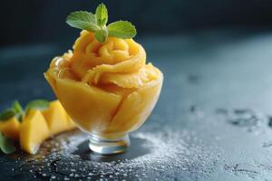 ai generiert Mango Sorbet im ein Glas auf das Tabelle . Eis am Stiel im ein Glas foto