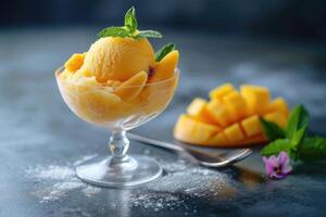 ai generiert Mango Sorbet im ein Glas auf das Tabelle . Eis am Stiel im ein Glas foto