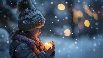 ai generiert ein Kind halten ein glühend Herz im ein schneebedeckt Nacht. Konzept von Freundlichkeit und Hilfe foto